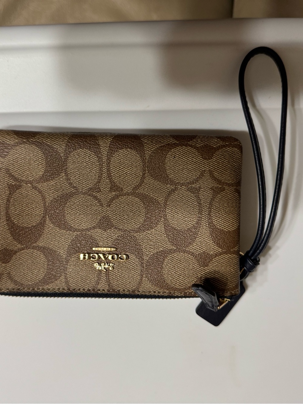 Coach Brown Signature Canvas Zip Wristlet with Gold Logo